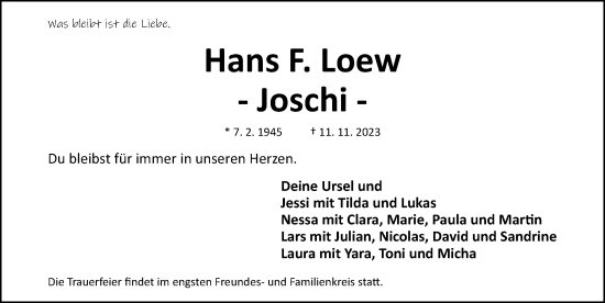 Traueranzeige von Hans F. Loew von Gesamtausgabe Nürnberger Nachrichten/ Nürnberger Ztg.