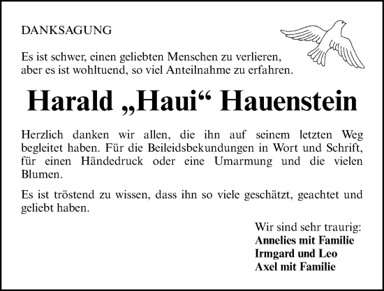 Traueranzeige von Harald Hauenstein von Gesamtausgabe Nürnberger Nachrichten/ Nürnberger Ztg.