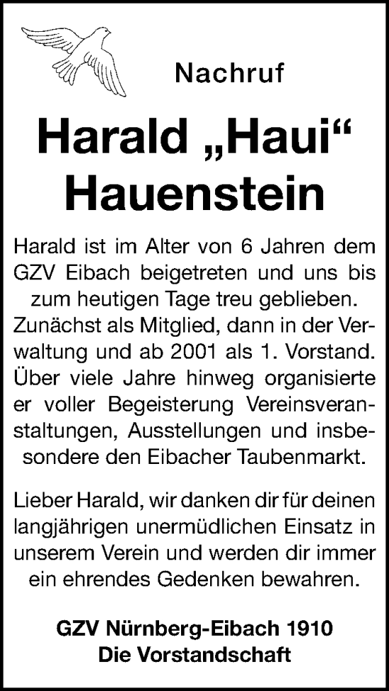 Traueranzeige von Harald Hauenstein von Gesamtausgabe Nürnberger Nachrichten/ Nürnberger Ztg.