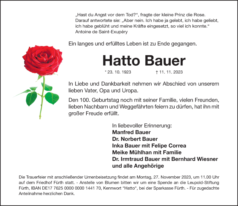  Traueranzeige für Hatto Bauer vom 21.11.2023 aus Fürther Nachrichten Lokal