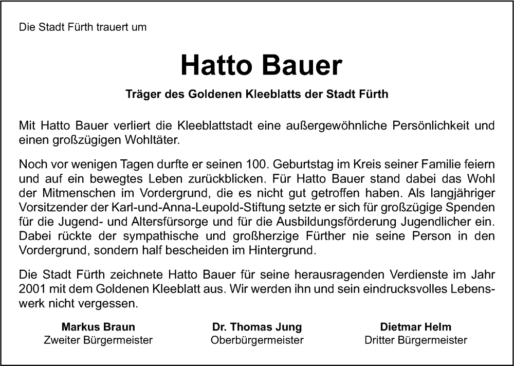  Traueranzeige für Hatto Bauer vom 22.11.2023 aus Fürther Nachrichten Lokal