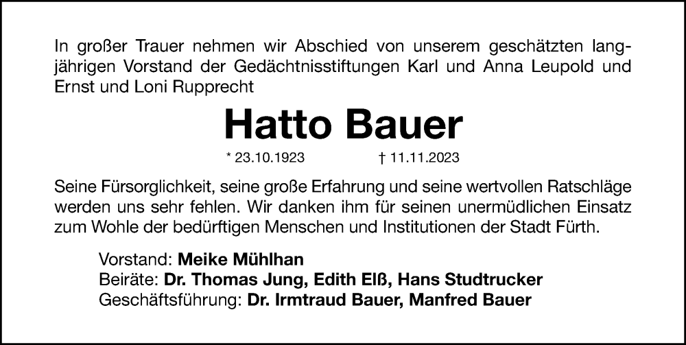  Traueranzeige für Hatto Bauer vom 21.11.2023 aus Fürther Nachrichten Lokal