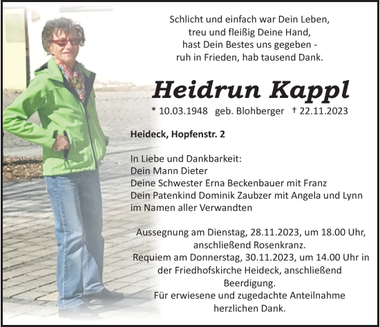 Traueranzeige von Heidrun Kappl von Roth-Hilpoltsteiner Volkszeitung Lokal