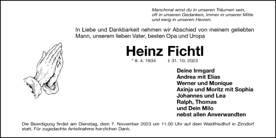 Traueranzeige von Heinz Fichtl von Gesamtausgabe Nürnberger Nachrichten/ Nürnberger Ztg.