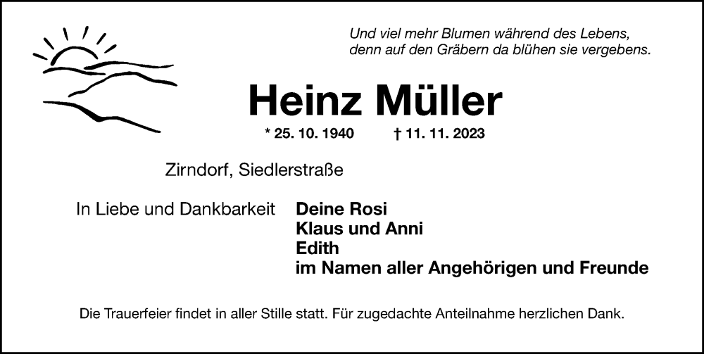  Traueranzeige für Heinz Müller vom 25.11.2023 aus Fürther Nachrichten Lokal