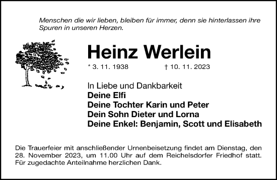 Traueranzeige von Heinz Werlein von Gesamtausgabe Nürnberger Nachrichten/ Nürnberger Ztg.