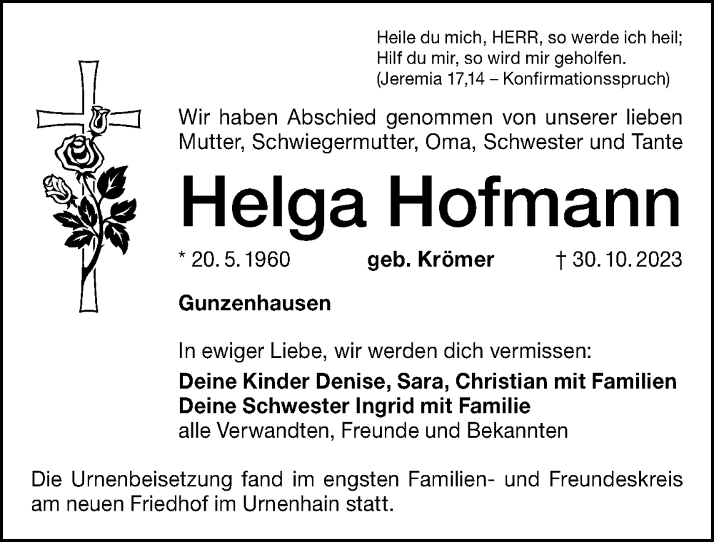  Traueranzeige für Helga Hofmann vom 11.11.2023 aus Altmühl-Bote Lokal