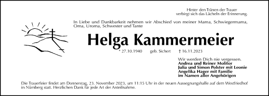 Traueranzeige von Helga Kammermeier von Gesamtausgabe Nürnberger Nachrichten/ Nürnberger Ztg.