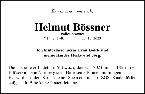 Traueranzeige von Helmut Bössner von Gesamtausgabe Nürnberger Nachrichten/ Nürnberger Ztg.