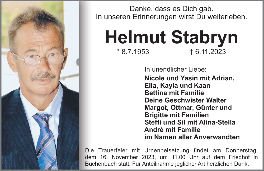  Traueranzeige für Helmut Stabryn vom 11.11.2023 aus Erlanger Nachrichten Lokal