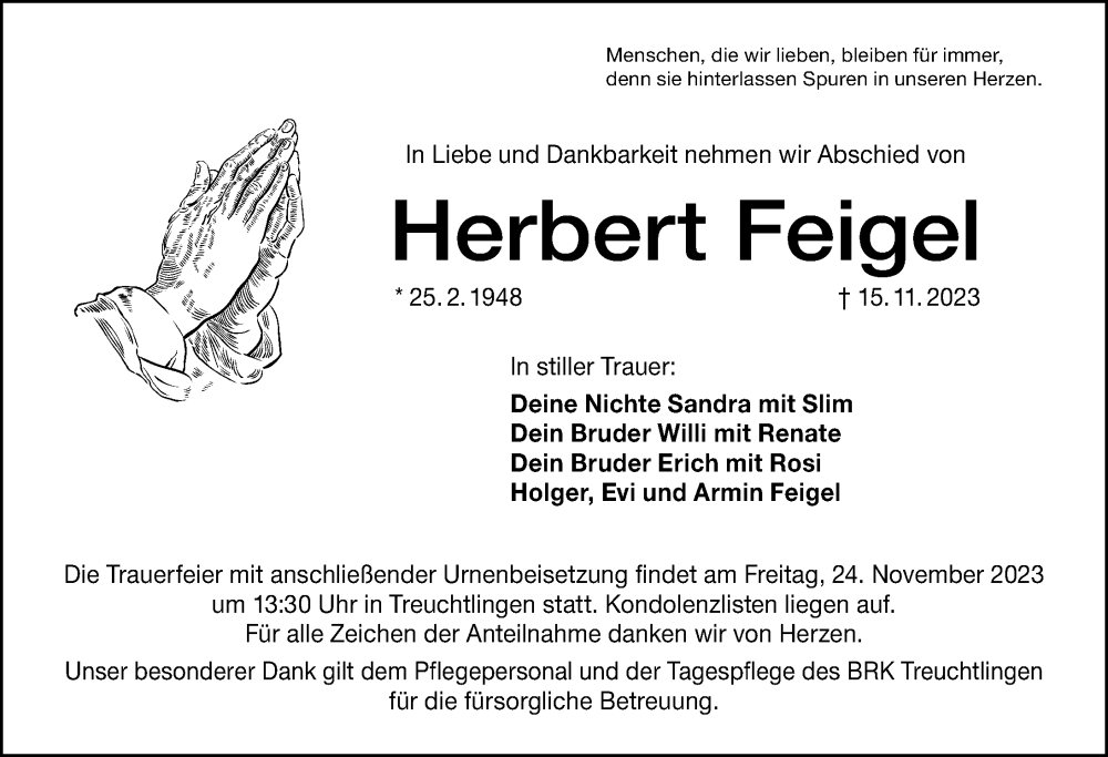 Traueranzeigen von Herbert Feigel | trauer.nn.de