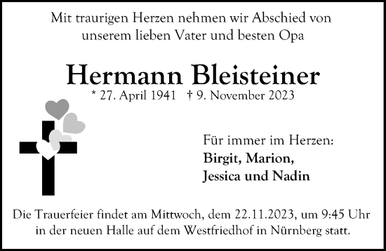 Traueranzeige von Hermann Bleisteiner von Gesamtausgabe Nürnberger Nachrichten/ Nürnberger Ztg.
