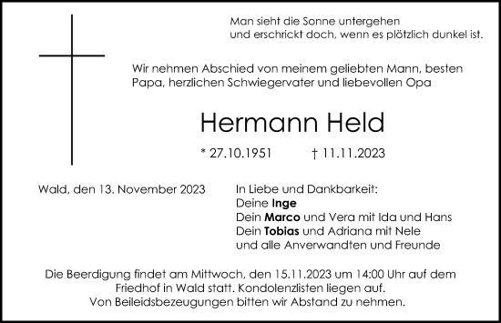 Traueranzeige von Hermann Held von Altmühl-Bote Lokal