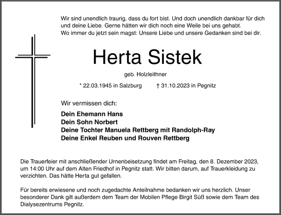 Traueranzeige von Herta Sistek von Nordbayerische Nachrichten Pegnitz Lokal