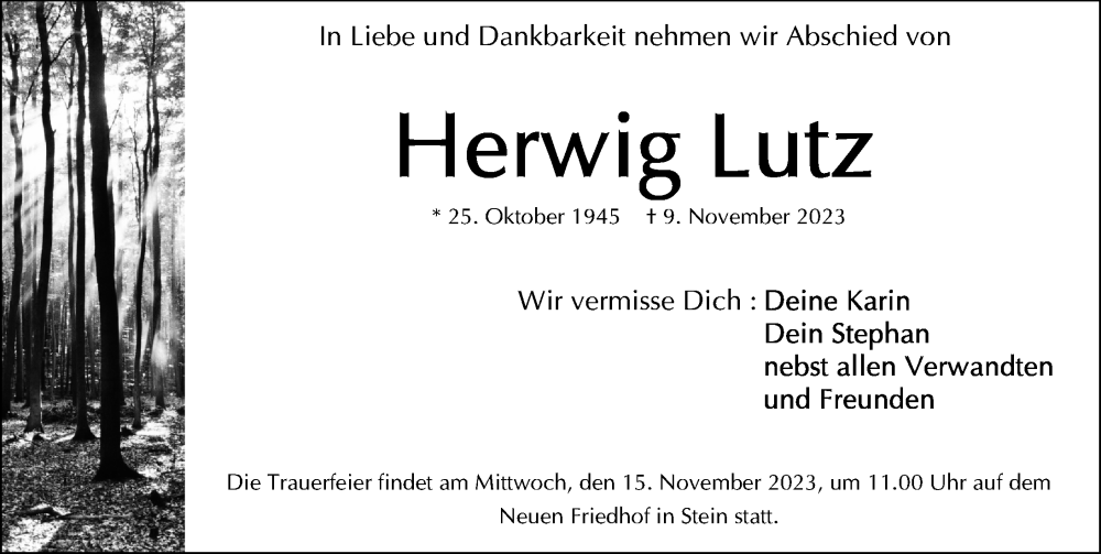  Traueranzeige für Herwig Lutz vom 13.11.2023 aus Gesamtausgabe Nürnberger Nachrichten/ Nürnberger Ztg.