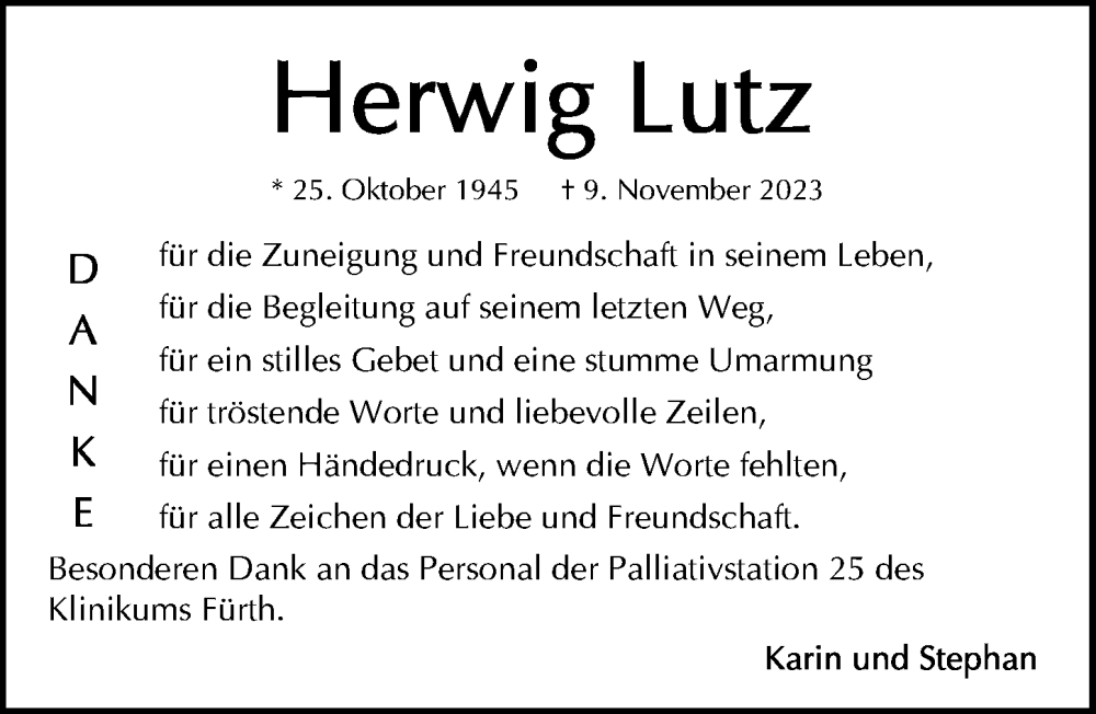  Traueranzeige für Herwig Lutz vom 18.11.2023 aus Gesamtausgabe Nürnberger Nachrichten/ Nürnberger Ztg.