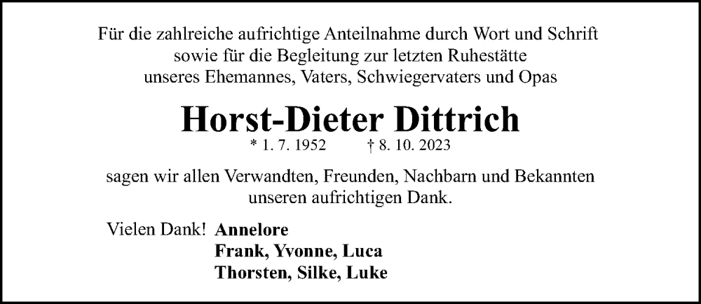  Traueranzeige für Horst-Dieter Dittrich vom 25.11.2023 aus Gesamtausgabe Nürnberger Nachrichten/ Nürnberger Ztg.