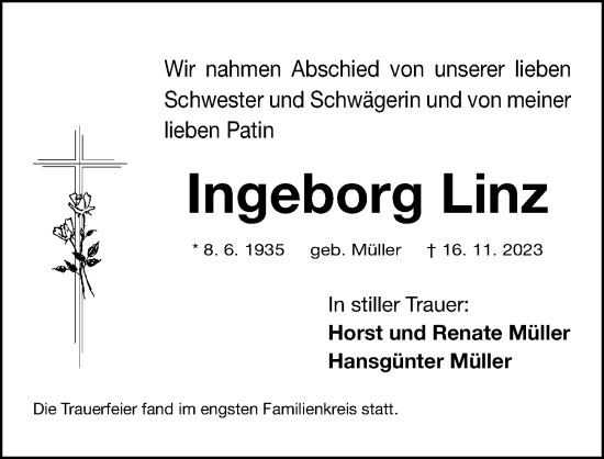 Traueranzeige von Ingeborg Linz von Fürther Nachrichten Lokal