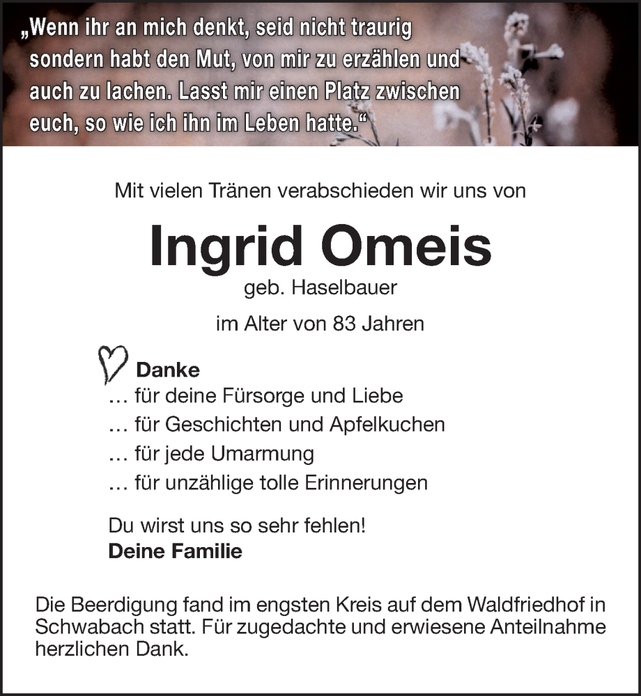  Traueranzeige für Ingrid Omeis vom 04.11.2023 aus Schwabacher Tagblatt Lokal