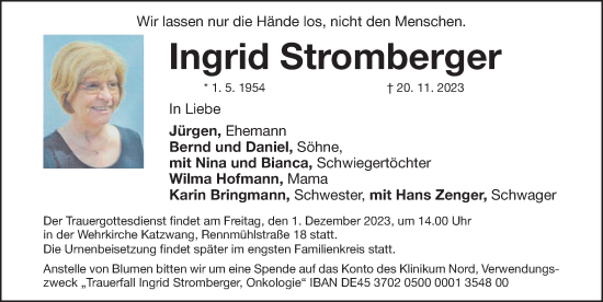 Traueranzeige von Ingrid Stromberger von Gesamtausgabe Nürnberger Nachrichten/ Nürnberger Ztg.