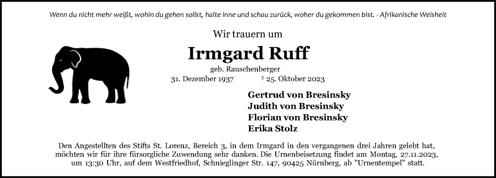  Traueranzeige für Irmgard Ruff vom 22.11.2023 aus Gesamtausgabe Nürnberger Nachrichten/ Nürnberger Ztg.