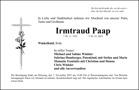 Traueranzeige von Irmtraud Paap von Schwabacher Tagblatt Lokal