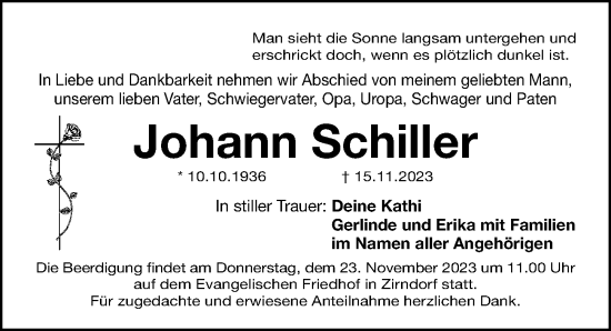 Traueranzeige von Johann Schiller von Fürther Nachrichten Lokal