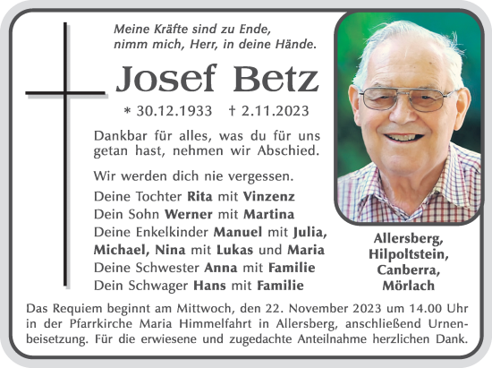 Traueranzeige von Josef Betz von Roth-Hilpoltsteiner Volkszeitung Lokal