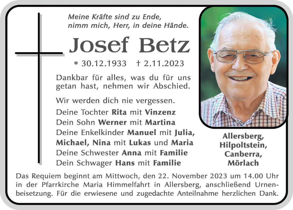  Traueranzeige für Josef Betz vom 18.11.2023 aus Roth-Hilpoltsteiner Volkszeitung Lokal