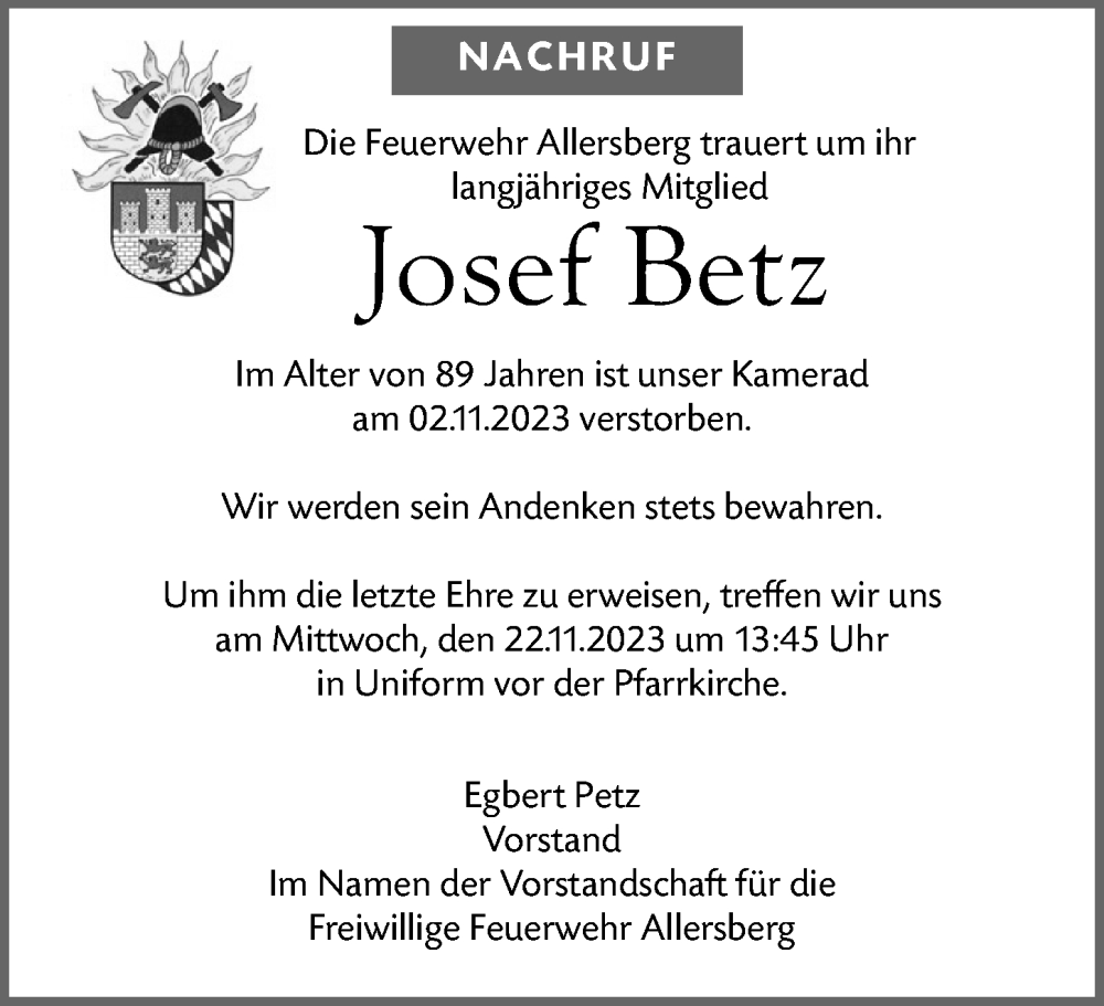  Traueranzeige für Josef Betz vom 21.11.2023 aus Roth-Hilpoltsteiner Volkszeitung Lokal