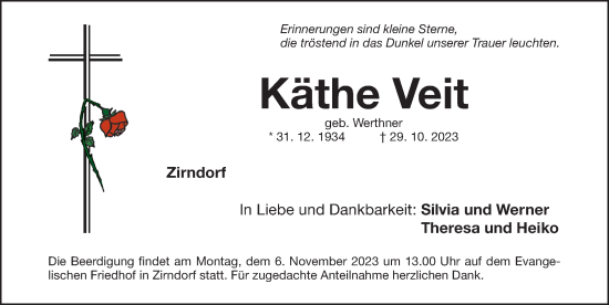 Traueranzeige von Käthe Veit von Fürther Nachrichten Lokal