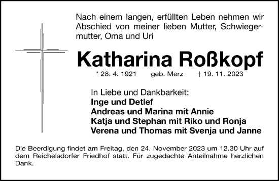 Traueranzeige von Katharina Roßkopf von Gesamtausgabe Nürnberger Nachrichten/ Nürnberger Ztg.