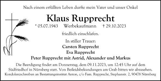 Traueranzeige von Klaus Rupprecht von Gesamtausgabe Nürnberger Nachrichten/ Nürnberger Ztg./ Schwabach