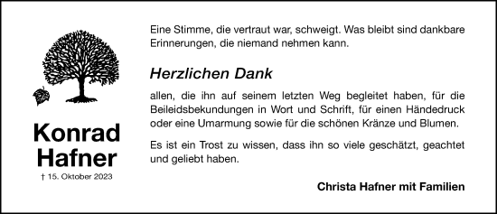Traueranzeige von Konrad Hafner von Gesamtausgabe Nürnberger Nachrichten/ Nürnberger Ztg.