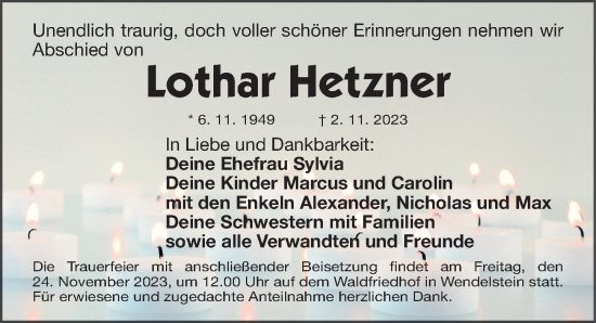 Traueranzeige von Lothar Hetzner von Gesamtausgabe Nürnberger Nachrichten/ Nürnberger Ztg.