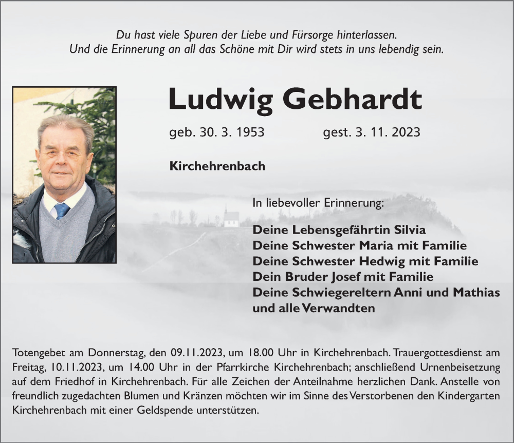  Traueranzeige für Ludwig Gebhardt vom 07.11.2023 aus Nordbayerische Nachrichten Forchheim Lokal