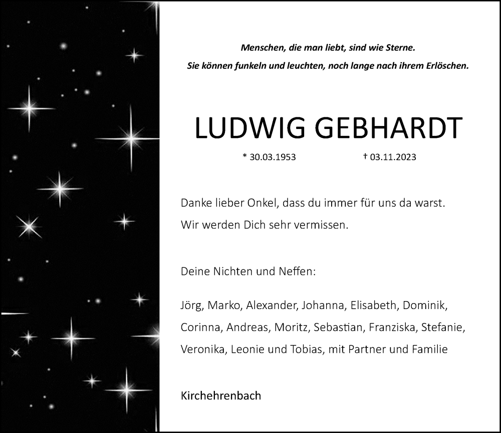  Traueranzeige für Ludwig Gebhardt vom 07.11.2023 aus Nordbayerische Nachrichten Forchheim Lokal