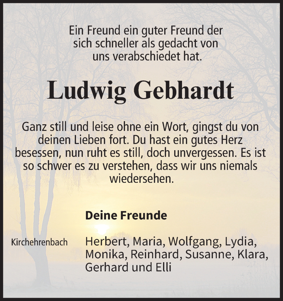  Traueranzeige für Ludwig Gebhardt vom 09.11.2023 aus Nordbayerische Nachrichten Forchheim Lokal