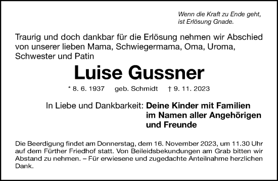 Traueranzeige von Luise Gussner von Gesamtausgabe Nürnberger Nachrichten/ Nürnberger Ztg.