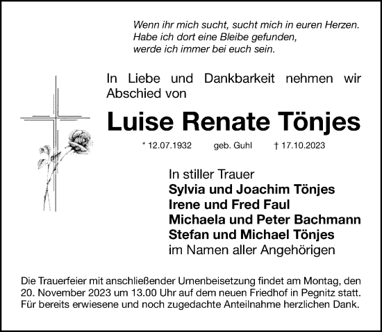 Traueranzeige von Luise Renate Tönjes von Nordbayerische Nachrichten Herzogenaurach Lokal