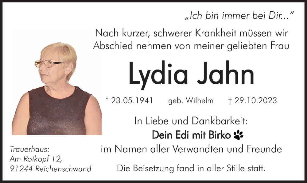  Traueranzeige für Lydia Jahn vom 04.11.2023 aus Gesamtausgabe Nürnberger Nachrichten/ Nürnberger Ztg.