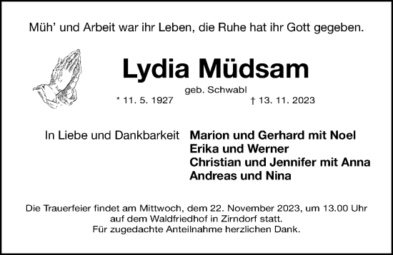 Traueranzeige von Lydia Müdsam von Fürther Nachrichten Lokal