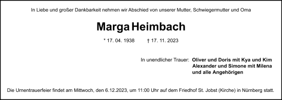 Traueranzeige von Marga Heimbach von Gesamtausgabe Nürnberger Nachrichten/ Nürnberger Ztg.