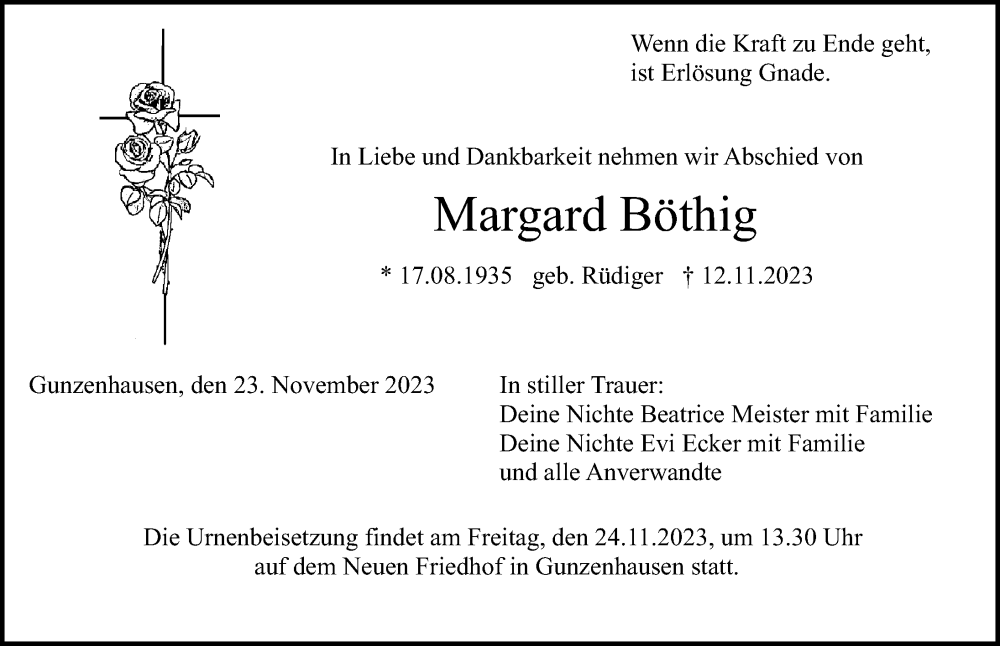  Traueranzeige für Margard Böthig vom 23.11.2023 aus Altmühl-Bote Lokal