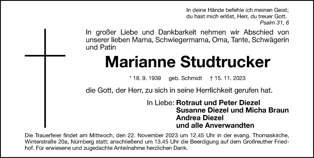  Traueranzeige für Marianne Studtrucker vom 18.11.2023 aus Gesamtausgabe Nürnberger Nachrichten/ Nürnberger Ztg.