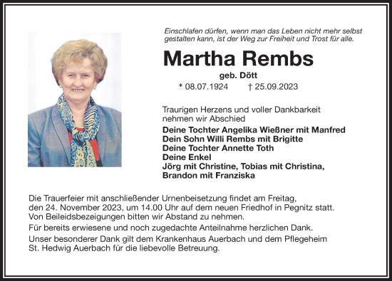 Traueranzeige von Martha Rembs von Nordbayerische Nachrichten Pegnitz Lokal