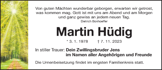 Traueranzeige von Martin Hüdig von Gesamtausgabe Nürnberger Nachrichten/ Nürnberger Ztg.