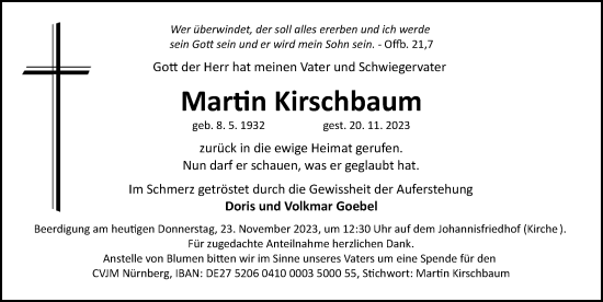 Traueranzeige von Martin Kirschbaum von Gesamtausgabe Nürnberger Nachrichten/ Nürnberger Ztg.