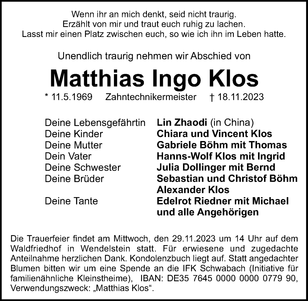  Traueranzeige für Matthias Ingo Klos vom 25.11.2023 aus Gesamtausgabe Nürnberger Nachrichten/ Nürnberger Ztg.