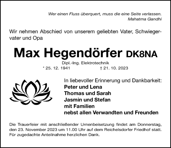 Traueranzeige von Max Hegendörfer von Gesamtausgabe Nürnberger Nachrichten/ Nürnberger Ztg.